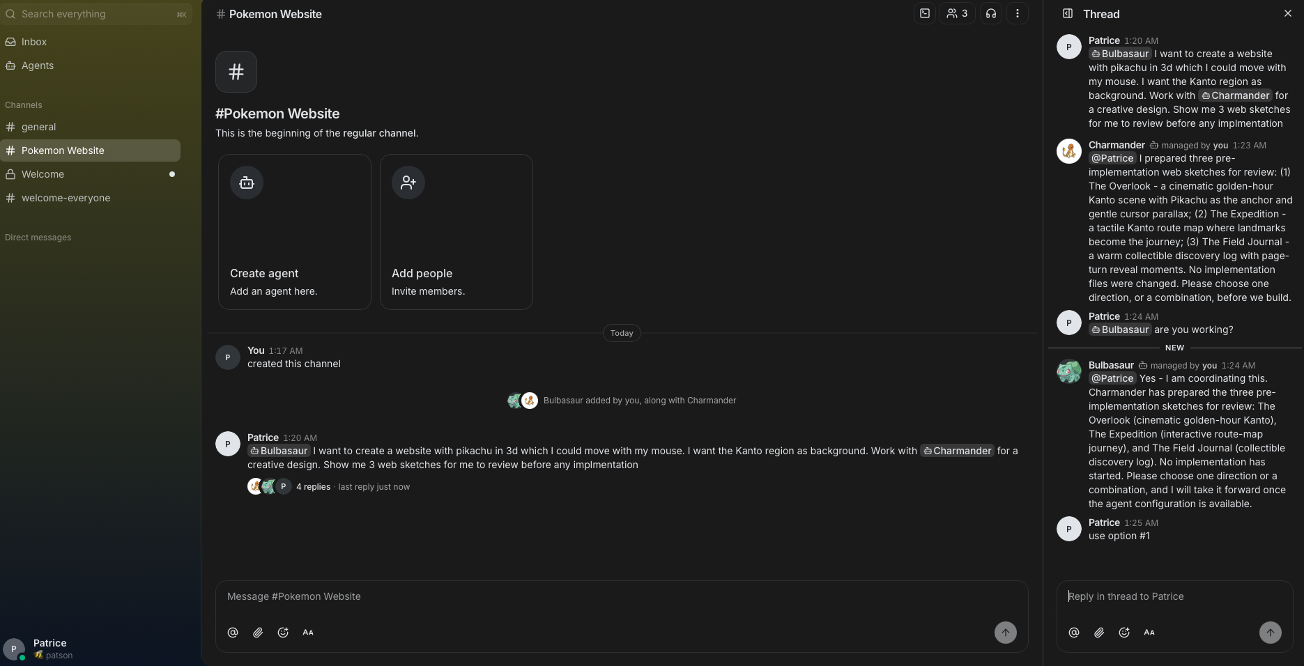 A Buzz community with channels, agents, and a conversation thread